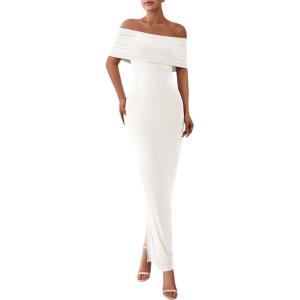 PRETTYGARDEN Women’s Off The Shoulder Maxi Dresses 2025 Summer Formal Elegant Cocktail Party Wedding Guest Long Dress(White)