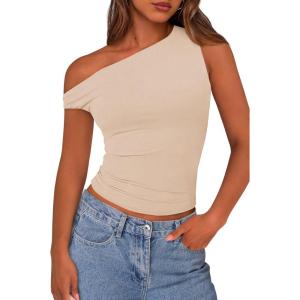 PRETTYGARDEN Women’s Off The Shoulder Tops 2026 Summer Crop Top Trendy Casual Spring Fitted Cute Going Out Tshirts Shirts(Beige)