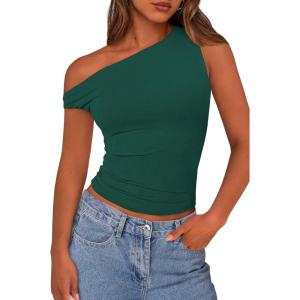 PRETTYGARDEN Women’s Off The Shoulder Tops 2026 Summer Crop Top Trendy Casual Spring Fitted Cute Going Out Tshirts Shirts(Dark Green)