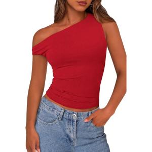 PRETTYGARDEN Women’s Off The Shoulder Tops 2026 Summer Crop Top Trendy Casual Spring Fitted Cute Going Out Tshirts Shirts(Red)