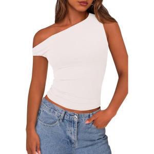 PRETTYGARDEN Women’s Off The Shoulder Tops 2026 Summer Crop Top Trendy Casual Spring Fitted Cute Going Out Tshirts Shirts(White)