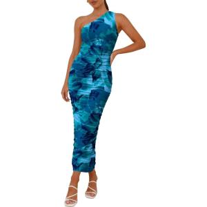 PRETTYGARDEN Women’s One Shoulder Bodycon Dresses Summer 2025 Ruched Floral Beach Cocktail Wedding Guest Dress(Lake Blue Floral)