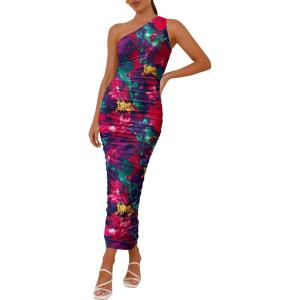 PRETTYGARDEN Women’s One Shoulder Bodycon Dresses Summer 2025 Ruched Floral Beach Cocktail Wedding Guest Dress(Navy Red Flower)