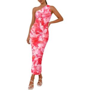 PRETTYGARDEN Women’s One Shoulder Bodycon Dresses Summer 2025 Ruched Floral Beach Cocktail Wedding Guest Dress(Pink)