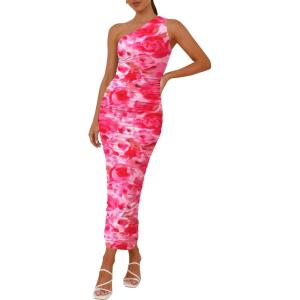 PRETTYGARDEN Women’s One Shoulder Bodycon Dresses Summer 2025 Ruched Floral Beach Cocktail Wedding Guest Dress(Pink Floral)