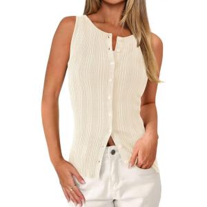 PRETTYGARDEN Womens Ribbed Tank Top Summer 2025 Open Front Button Down Sleeveless Shirts Fashion Clothing Going Out Vest Tops(Apricot)