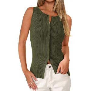 PRETTYGARDEN Womens Ribbed Tank Top Summer 2025 Open Front Button Down Sleeveless Shirts Fashion Clothing Going Out Vest Tops(Army Green)
