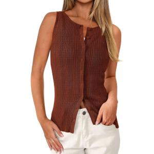 PRETTYGARDEN Womens Ribbed Tank Top Summer 2025 Open Front Button Down Sleeveless Shirts Fashion Clothing Going Out Vest Tops(Caramel)