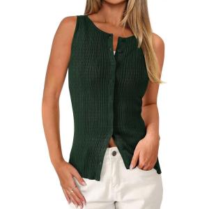 PRETTYGARDEN Womens Ribbed Tank Top Summer 2025 Open Front Button Down Sleeveless Shirts Fashion Clothing Going Out Vest Tops(Dark Green)