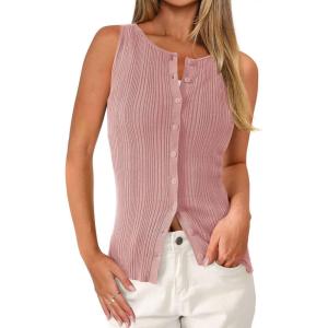 PRETTYGARDEN Womens Ribbed Tank Top Summer 2025 Open Front Button Down Sleeveless Shirts Fashion Clothing Going Out Vest Tops(Pink)