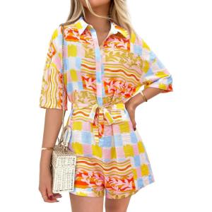 PRETTYGARDEN Womens Rompers for Summer 2025 Beach Vacation Clothes Short Sleeves Floral Jumpsuits Beach Cover Up(Multicolored Flower)