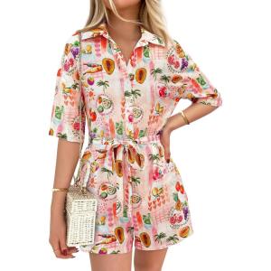 PRETTYGARDEN Womens Rompers for Summer 2025 Beach Vacation Clothes Short Sleeves Floral Jumpsuits Beach Cover Up(Pink Watercolour)