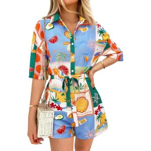PRETTYGARDEN Womens Rompers for Summer 2025 Beach Vacation Clothes Short Sleeves Floral Jumpsuits Beach Cover Up(White Blue Green Flower)