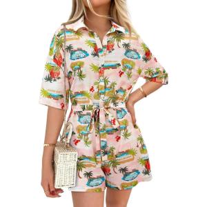 PRETTYGARDEN Womens Rompers for Summer 2025 Beach Vacation Clothes Short Sleeves Floral Jumpsuits Beach Cover Up(White+blue Leaf)