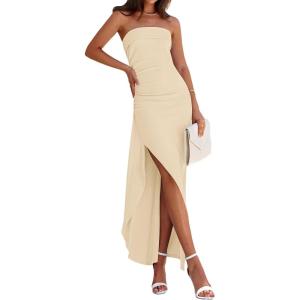 PRETTYGARDEN Women’s Ruched Bodycon Dresses Summer Off Shoulder Asymmetrical High Split Elegant Cocktail Party Dress(Apricot)