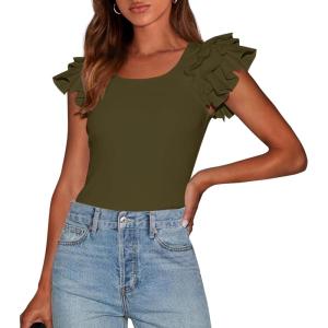 PRETTYGARDEN Women’s Ruffle Short Sleeve Shirts 2026 Summer Casual Basic Tee Cute Fitted Crew Neck Fashion Tops Clothes(Army Green)