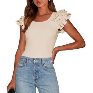 PRETTYGARDEN Women’s Ruffle Short Sleeve Shirts 2026 Summer Casual Basic Tee Cute Fitted Crew Neck Fashion Tops Clothes(Beige)
