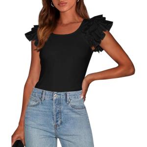 PRETTYGARDEN Women’s Ruffle Short Sleeve Shirts 2026 Summer Casual Basic Tee Cute Fitted Crew Neck Fashion Tops Clothes(Black)