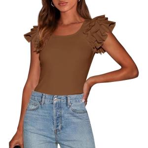 PRETTYGARDEN Women’s Ruffle Short Sleeve Shirts 2026 Summer Casual Basic Tee Cute Fitted Crew Neck Fashion Tops Clothes(Brown)
