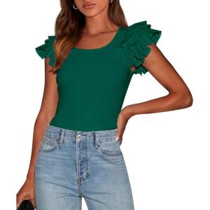 PRETTYGARDEN Women’s Ruffle Short Sleeve Shirts 2026 Summer Casual Basic Tee Cute Fitted Crew Neck Fashion Tops Clothes(Dark Green)