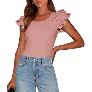 PRETTYGARDEN Women’s Ruffle Short Sleeve Shirts 2026 Summer Casual Basic Tee Cute Fitted Crew Neck Fashion Tops Clothes(Dusty Pink)