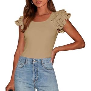 PRETTYGARDEN Women’s Ruffle Short Sleeve Shirts 2026 Summer Casual Basic Tee Cute Fitted Crew Neck Fashion Tops Clothes(Khaki)