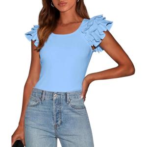 PRETTYGARDEN Women’s Ruffle Short Sleeve Shirts 2026 Summer Casual Basic Tee Cute Fitted Crew Neck Fashion Tops Clothes(Light Blue)