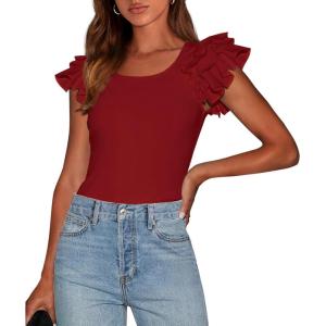 PRETTYGARDEN Women’s Ruffle Short Sleeve Shirts 2026 Summer Casual Basic Tee Cute Fitted Crew Neck Fashion Tops Clothes(Rust Red)