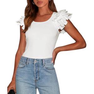 PRETTYGARDEN Women’s Ruffle Short Sleeve Shirts 2026 Summer Casual Basic Tee Cute Fitted Crew Neck Fashion Tops Clothes(White)