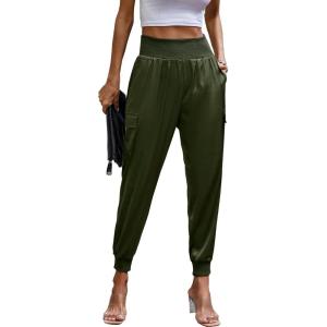 PRETTYGARDEN Women’s Satin Jogger Pants Casual Dressy High Waist Long Lounge Pant Trousers Summer Outfits with Pockets(Army Green)