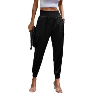 PRETTYGARDEN Women’s Satin Jogger Pants Casual Dressy High Waist Long Lounge Pant Trousers Summer Outfits with Pockets(Black)