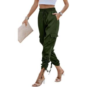 PRETTYGARDEN Women’s Satin Jogger Pants Casual Dressy High Waist Long Lounge Pant Trousers Summer Outfits with Pockets(Z_army Green)