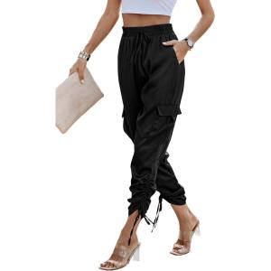 PRETTYGARDEN Women’s Satin Jogger Pants Casual Dressy High Waist Long Lounge Pant Trousers Summer Outfits with Pockets(Z_black)
