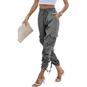 PRETTYGARDEN Women’s Satin Jogger Pants Casual Dressy High Waist Long Lounge Pant Trousers Summer Outfits with Pockets(Z_grey)