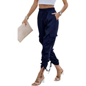 PRETTYGARDEN Women’s Satin Jogger Pants Casual Dressy High Waist Long Lounge Pant Trousers Summer Outfits with Pockets(Z_navy)