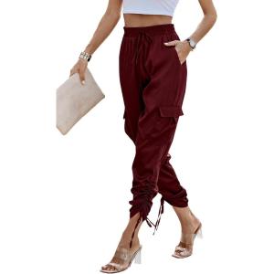 PRETTYGARDEN Women’s Satin Jogger Pants Casual Dressy High Waist Long Lounge Pant Trousers Summer Outfits with Pockets(Z_wine Red)