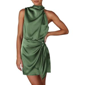 PRETTYGARDEN Women’s Short Formal Satin Dress Summer Sleeveless Mock Neck Tie Waist Cocktail Party Dresses(Army Green)