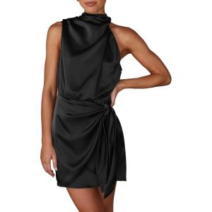 PRETTYGARDEN Women’s Short Formal Satin Dress Summer Sleeveless Mock Neck Tie Waist Cocktail Party Dresses(Black)