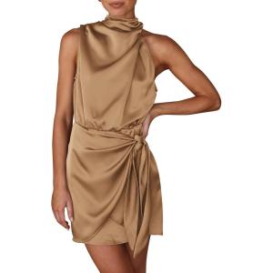 PRETTYGARDEN Women’s Short Formal Satin Dress Summer Sleeveless Mock Neck Tie Waist Cocktail Party Dresses(Light Khaki)
