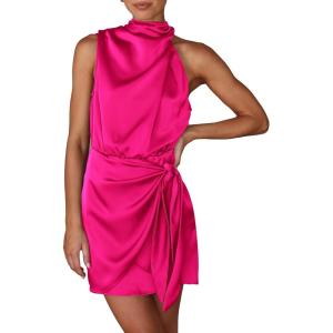 PRETTYGARDEN Women’s Short Formal Satin Dress Summer Sleeveless Mock Neck Tie Waist Cocktail Party Dresses(Rose Red)