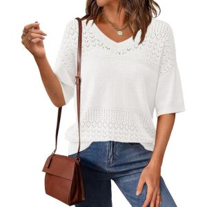 PRETTYGARDEN Women’s Short Sleeve Sweater Tops 2026 Spring Summer Casual V Neck Ribbed Knit Trendy Eyelet Blouse T Shirts(Beige White)