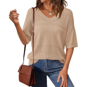 PRETTYGARDEN Women’s Short Sleeve Sweater Tops 2026 Spring Summer Casual V Neck Ribbed Knit Trendy Eyelet Blouse T Shirts(Dark Apricot)