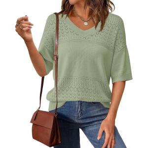 PRETTYGARDEN Women’s Short Sleeve Sweater Tops 2026 Spring Summer Casual V Neck Ribbed Knit Trendy Eyelet Blouse T Shirts(Mid Green)