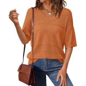 PRETTYGARDEN Women’s Short Sleeve Sweater Tops 2026 Spring Summer Casual V Neck Ribbed Knit Trendy Eyelet Blouse T Shirts(Orange Red)