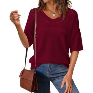 PRETTYGARDEN Women’s Short Sleeve Sweater Tops 2026 Spring Summer Casual V Neck Ribbed Knit Trendy Eyelet Blouse T Shirts(Wine Red)