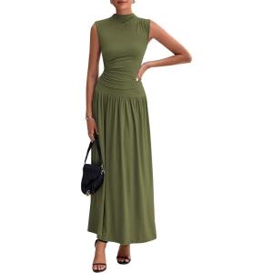PRETTYGARDEN Womens Skirt Sets 2025 Summer Ruched Tank Tops Ruffle Maxi Skirts Wedding Guest Matching 2 Piece Outfits(Army Green)