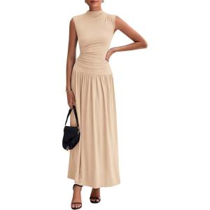 PRETTYGARDEN Womens Skirt Sets 2025 Summer Ruched Tank Tops Ruffle Maxi Skirts Wedding Guest Matching 2 Piece Outfits(Beige)