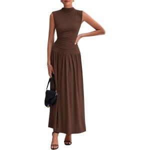 PRETTYGARDEN Womens Skirt Sets 2025 Summer Ruched Tank Tops Ruffle Maxi Skirts Wedding Guest Matching 2 Piece Outfits(Coffee)