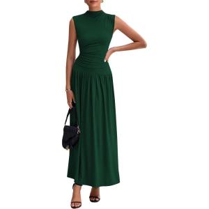 PRETTYGARDEN Womens Skirt Sets 2025 Summer Ruched Tank Tops Ruffle Maxi Skirts Wedding Guest Matching 2 Piece Outfits(Dark Green)