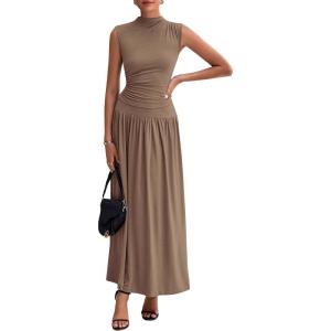 PRETTYGARDEN Womens Skirt Sets 2025 Summer Ruched Tank Tops Ruffle Maxi Skirts Wedding Guest Matching 2 Piece Outfits(Khaki)